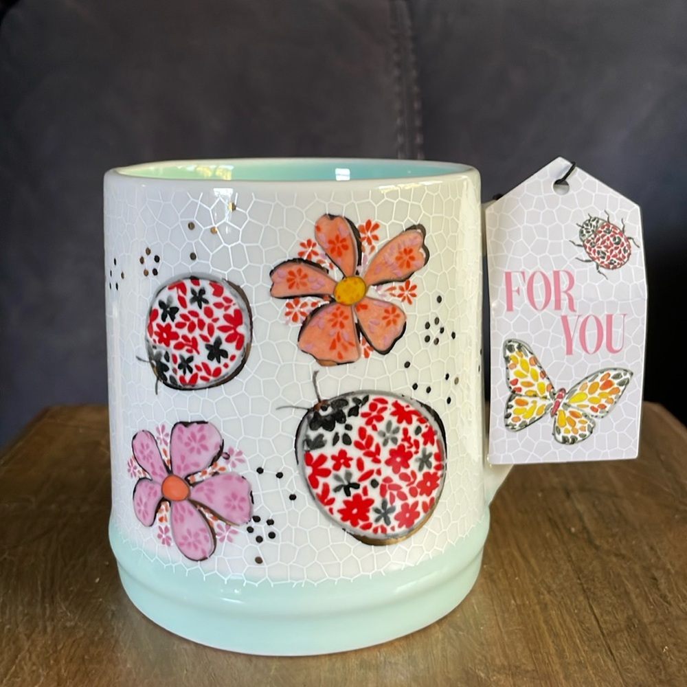 Seeds and Sunshine Flowers & Ladybugs Mug 18 Oz Soft Teal Bottom And Interior